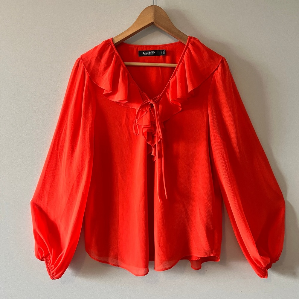 Lauren Ralph Lauren Ruffle Tie Neck Blouse Orange Red Large Balloon Sleeve